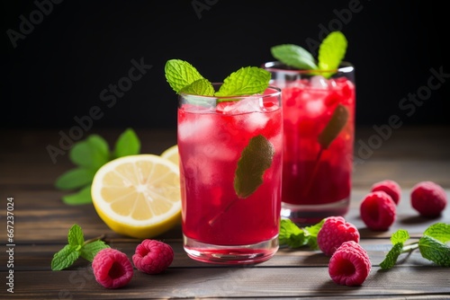 Chilled Raspberry Mint Lemonade served in an elegant glass with a backdrop of rustic wood and soft lighting