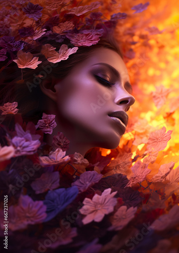 Artistic portrait illustration of a beautiful woman surrounded by autumn flowers. Surrealistic image of a stunning dreamy woman in digital artwork. © Vagner Castro