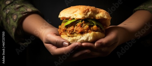 Indian fast food consisting of a vada sandwiched in bread and served with chutney popular in North India and Maharashtra photo