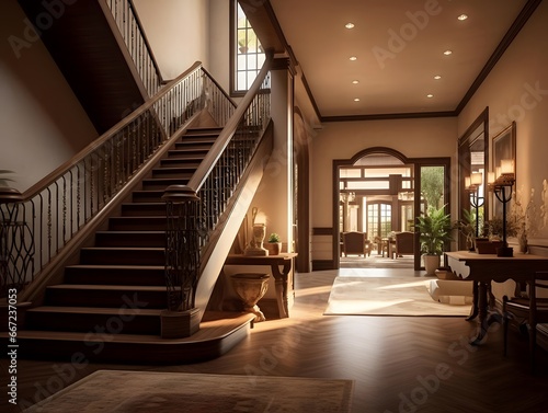 interior of a hotel lobby with wooden stairs. 3d rendering
