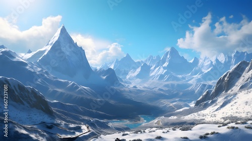 beautiful panoramic view of the snowy mountains - 3d rendering © Iman