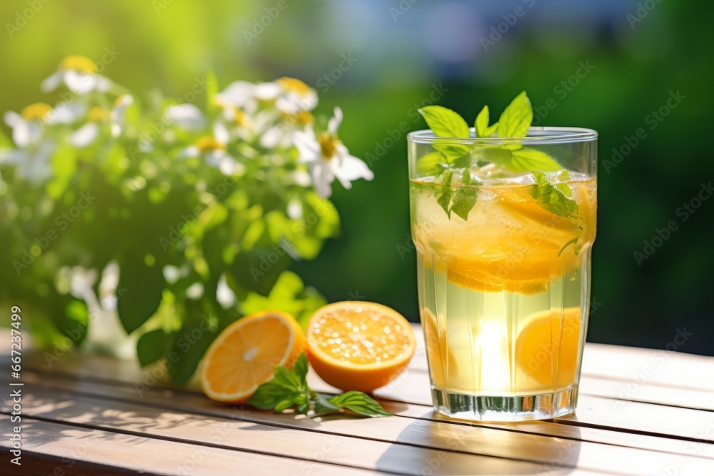 Savoring a Chilled Glass of Orange Blossom Lemonade on a Sunlit Wooden Table Savoring a Chilled Glass of Orange Blossom Lemonade on a Sunlit Wooden Table