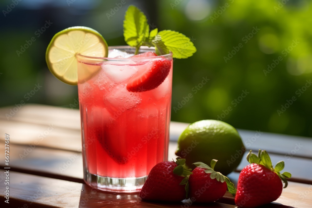 Enjoying a Chilled Glass of Strawberry Limeade with Fresh Fruit Garnish in a Beautiful Garden Environment Enjoying a Chilled Glass of Strawberry Limeade with Fresh Fruit Garnish in a Beautiful Garden Environment