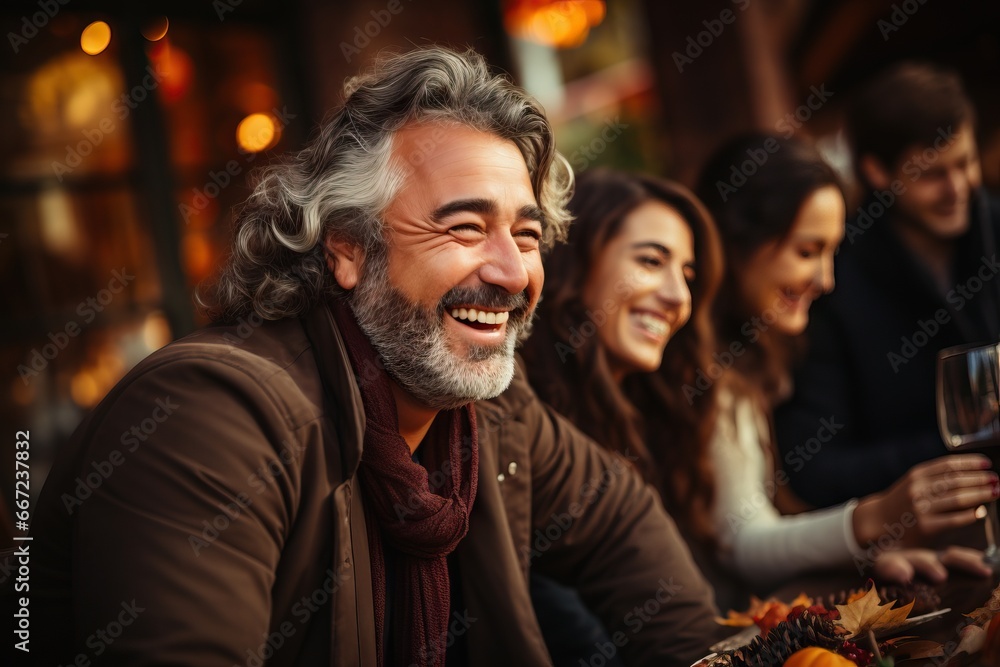 Fototapeta premium Elderly man laughing amidst joyful friends at a cozy outdoor setting
