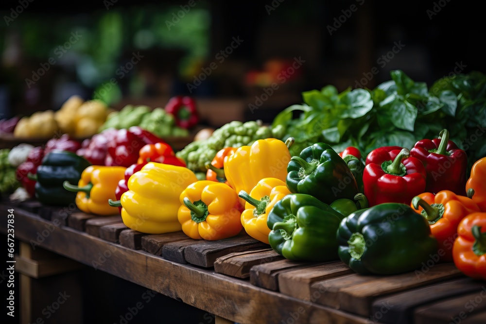 Close-up of vibrant, fresh peppers and vegetables displayed at a market stall