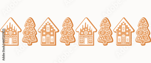 Seamless border pattern of gingerbread Christmas houses and trees, on isolated background. Hand drawn design for Winter, Christmas and New Year celebration, for paper crafts or home decor. 