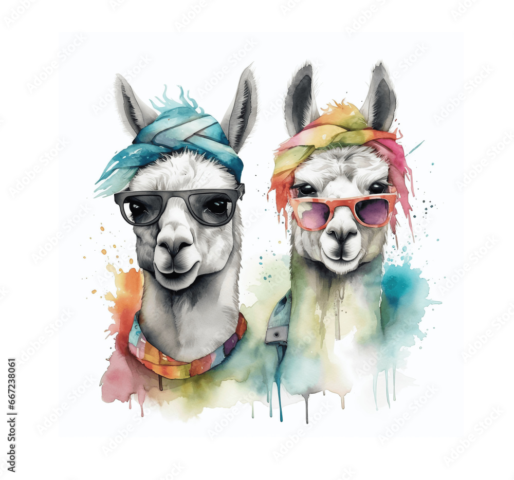 Watercolor portrait of two funny and cute llamas. Hippie style llama print. Two llamas isolated on a white background.