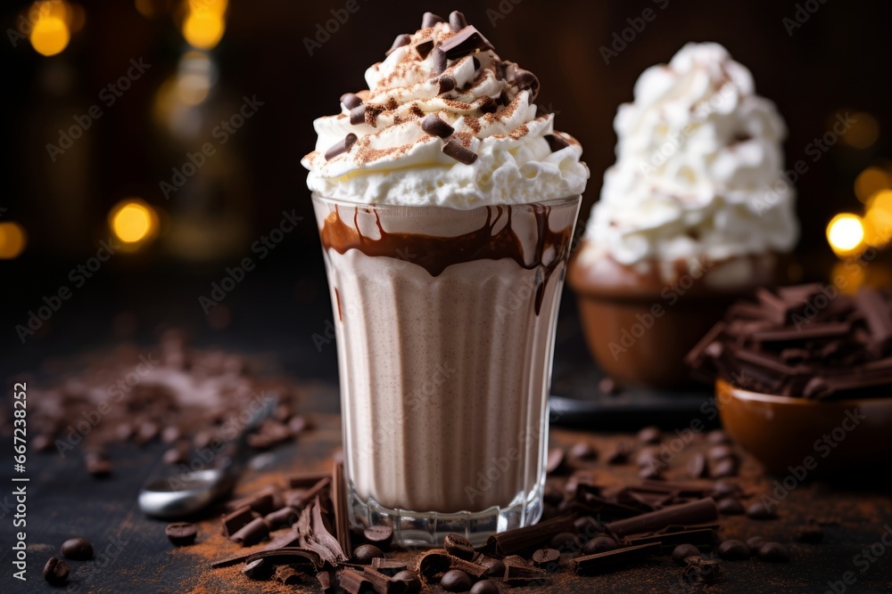 A detailed view of a rich and creamy chocolate malt milkshake served in a tall glass A detailed view of a rich and creamy chocolate malt milkshake served in a tall glass