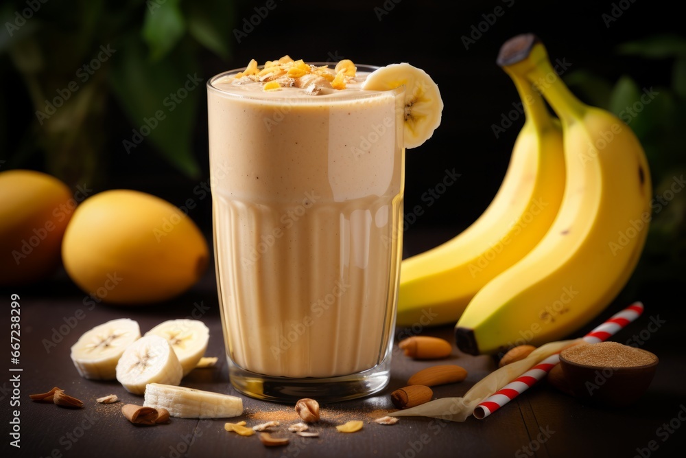 A Refreshing Glass of Banana and Honey Smoothie Garnished with Fresh Banana Slices and a Drizzle of Honey A Refreshing Glass of Banana and Honey Smoothie Garnished with Fresh Banana Slices and a Drizzle of Honey