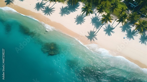 Aerial view of beautiful tropical beach with palm trees and turquoise water