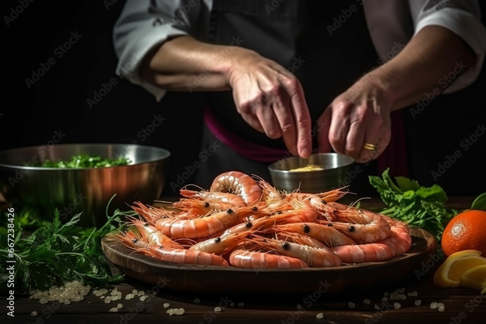 Seafood, Professional cook prepares shrimps with sprigg beans. Cooking seafood