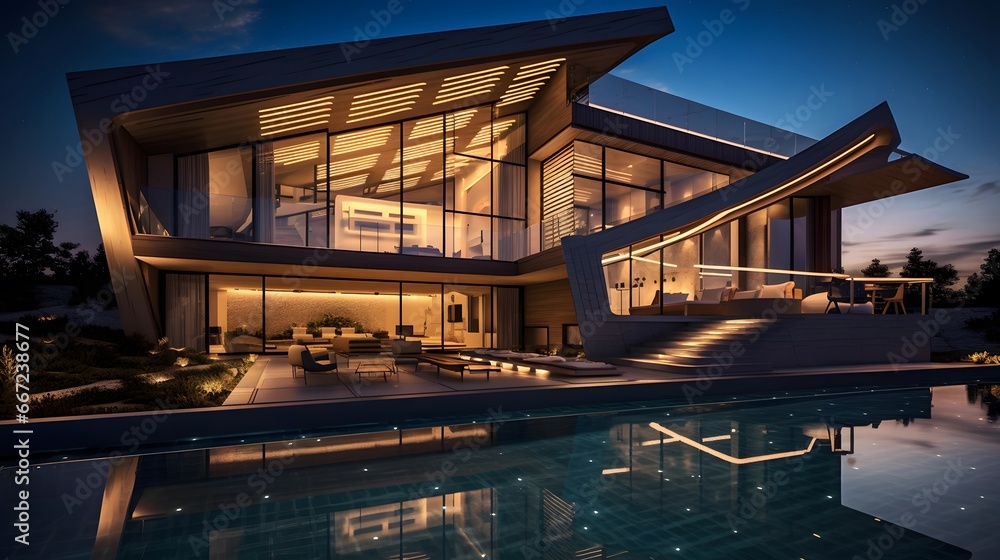 Luxury villa with swimming pool and outdoor deck at night