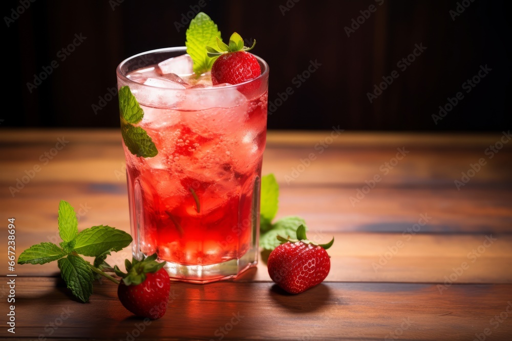 Close-Up Shot of a Chilled Glass of Strawberry and Ginger Ale with Fresh Fruit Garnish on a Wooden Surface Close-Up Shot of a Chilled Glass of Strawberry and Ginger Ale with Fresh Fruit Garnish on a Wooden Surface