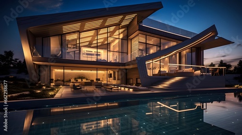 Luxury villa with swimming pool and outdoor deck at night