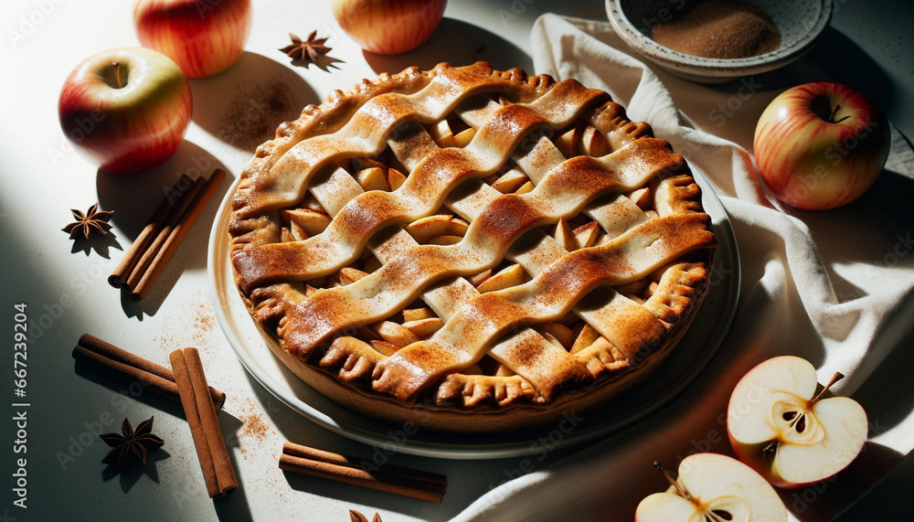 Photo of a freshly baked apple pie on a wooden table. Photo of a freshly baked apple pie on a wooden table.