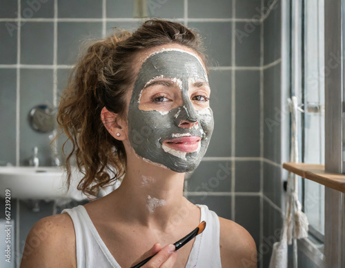 A woman applying a clay mask on her face