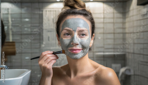 A woman applying a clay mask on her face