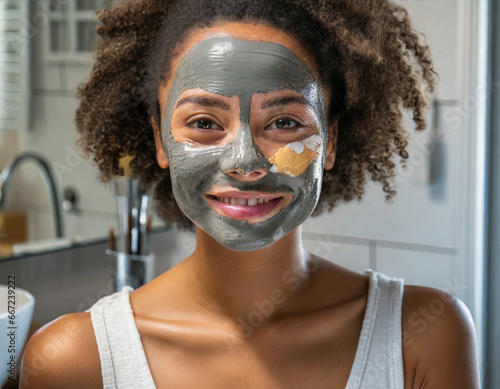 A woman applying a clay mask on her face