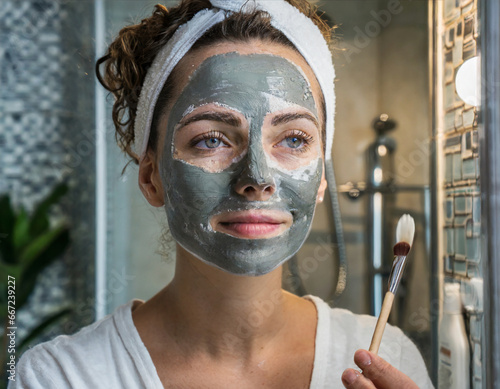 A woman applying a clay mask on her face