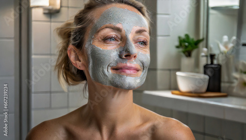 A woman applying a clay mask on her face