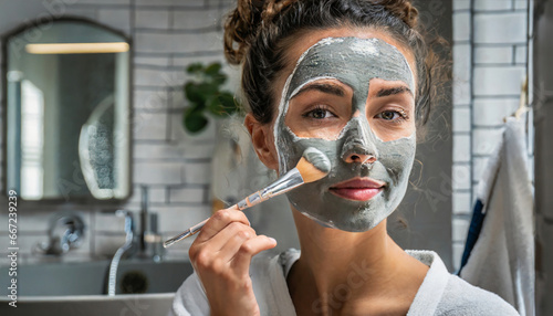 A woman applying a clay mask on her face