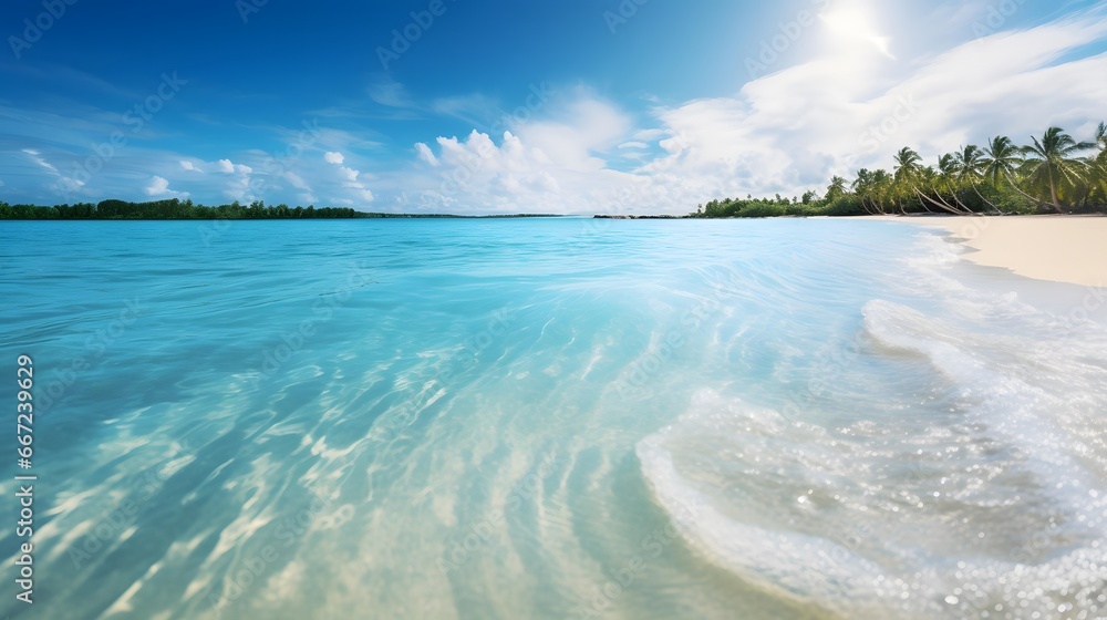 Panoramic view of beautiful beach with turquoise water and blue sky