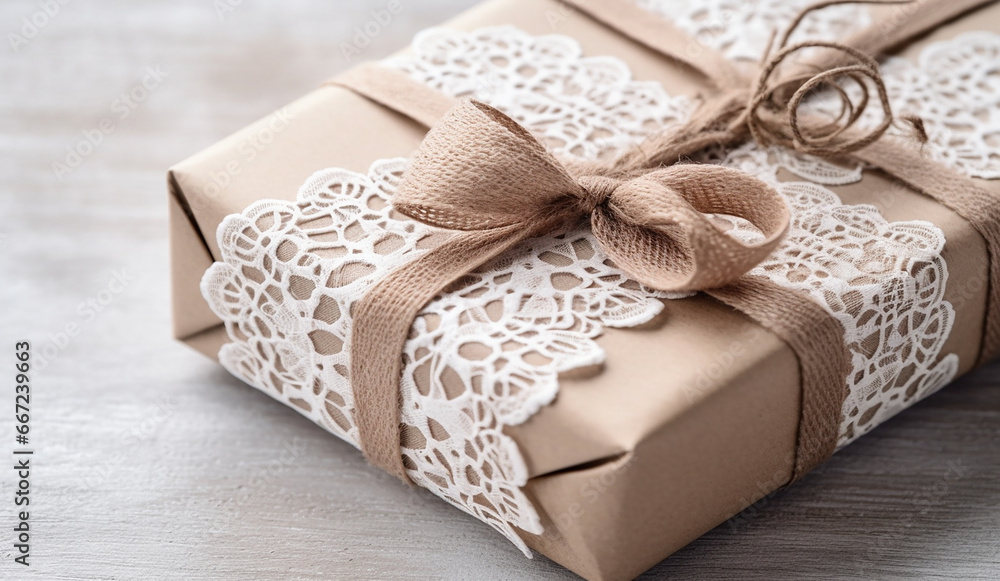 Eco-Friendly Gift Box Wrapped in Recycled Paper with Delicate White Cotton Lace Bow and Blank Tag on White Wooden Background - Created with Generative AI Tools