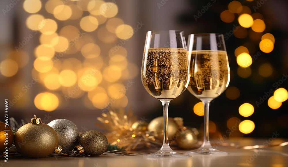 Elegant Champagne Glasses with Festive Christmas Decor in the Background - Created with Generative AI Tools Elegant Champagne Glasses with Festive Christmas Decor in the Background - Created with Generative AI Tools