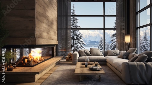 Cozy modern winter living room interior with a modern fireplace in a chalet 