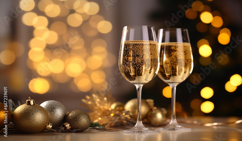 Elegant Champagne Glasses with Festive Christmas Decor in the Background - Created with Generative AI Tools