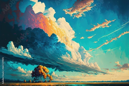 Expressive painting of a picturesque sky with majestic clouds