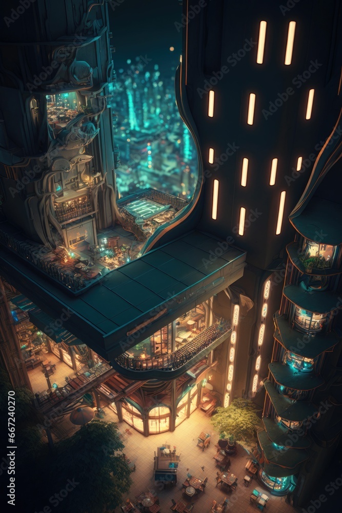 Extraterrestrial habitat: futuristic nocturnal metropolis on alien world
