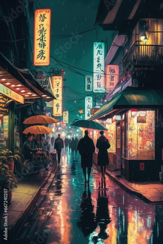 Energetic urban nightlife: a vibrant japanese cityscape in paint © DNY3D