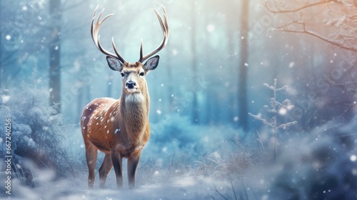 Forest deer against the backdrop of a winter forest landscape.