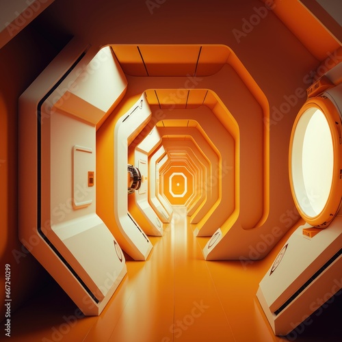 Futuristic architectural hallway with towering ceilings illuminated by warm orange glow