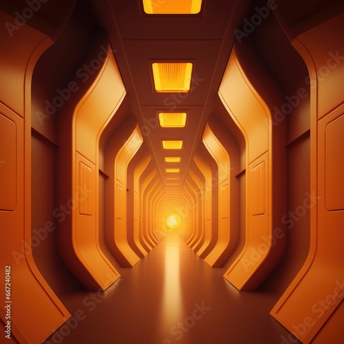 Futuristic architectural hallway with towering ceilings illuminated by warm orange glow