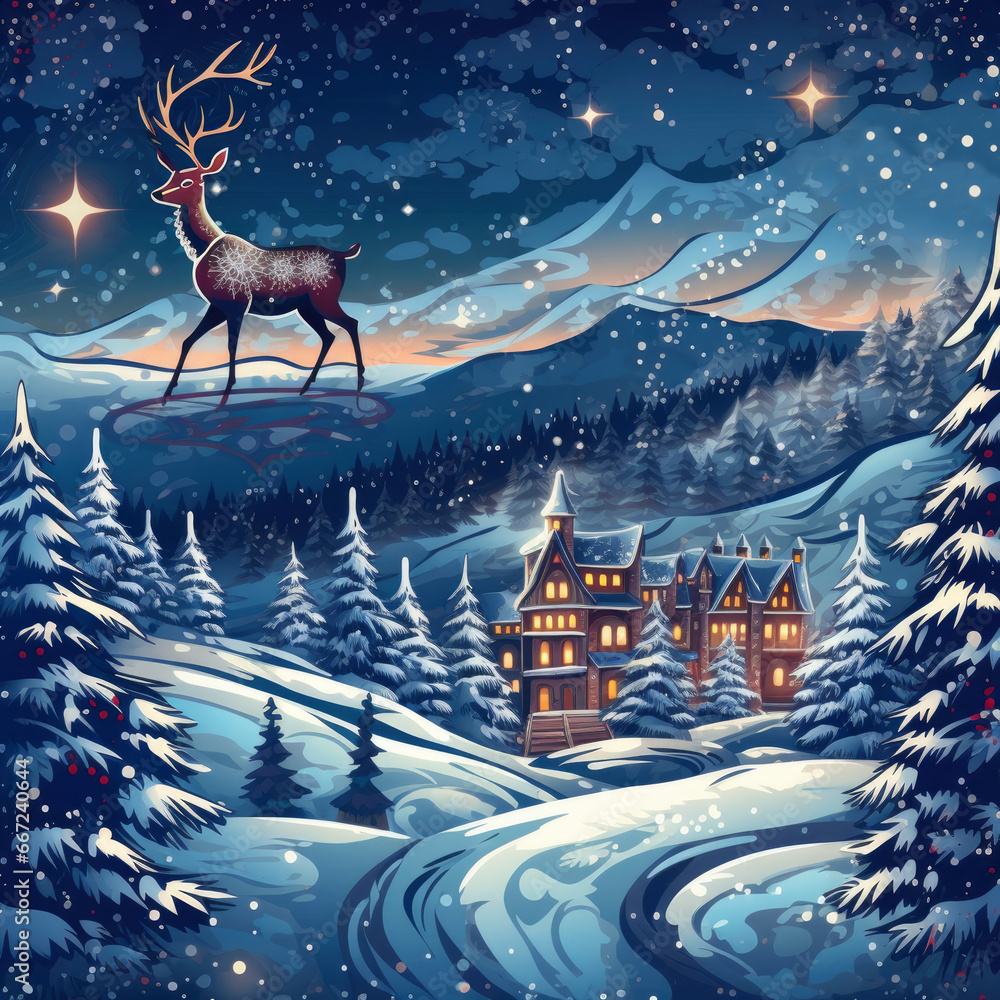 Reindeer in the Snowy Mountains with Christmas Village
