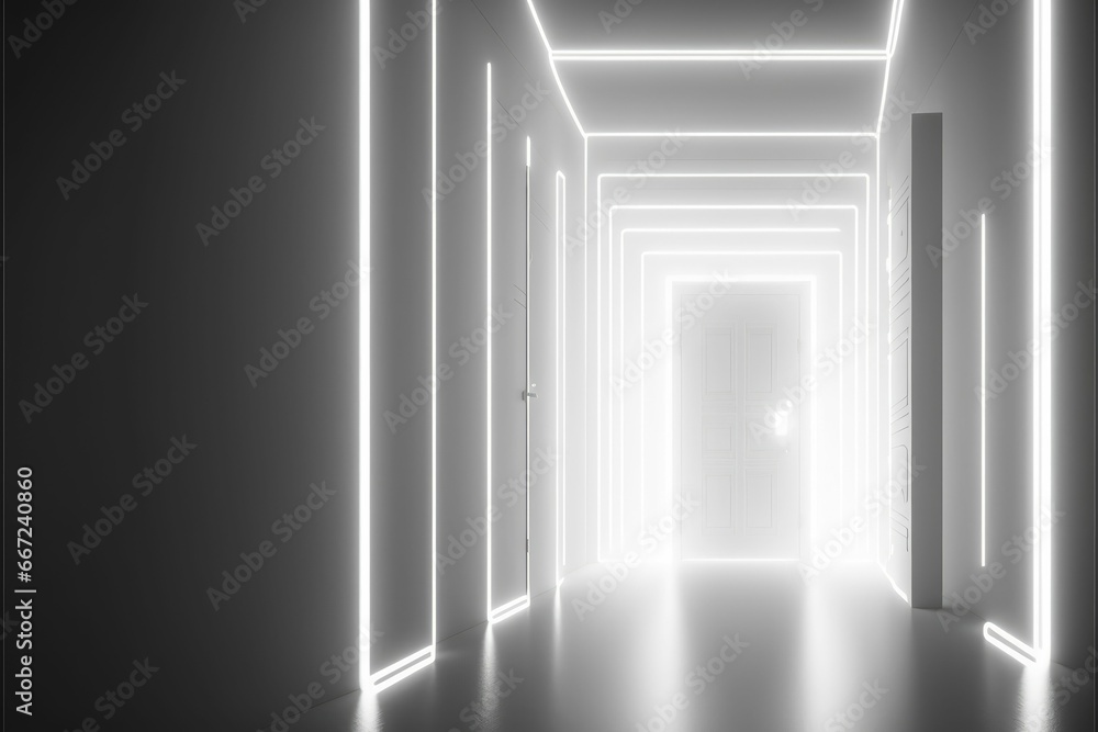 Sleek and innovative futuristic white hallway design with illuminated walls Sleek and innovative futuristic white hallway design with illuminated walls