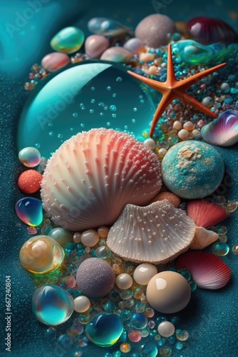 Beautiful seashells, marbles and pebbles on the beach