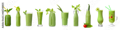 Set of many healthy green smoothies on white background