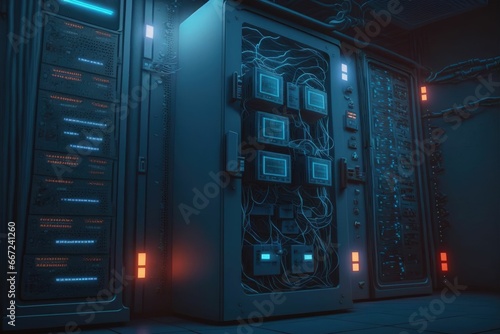 Tech background data center, servers futuristic design, server room with racks and dramatic lighting