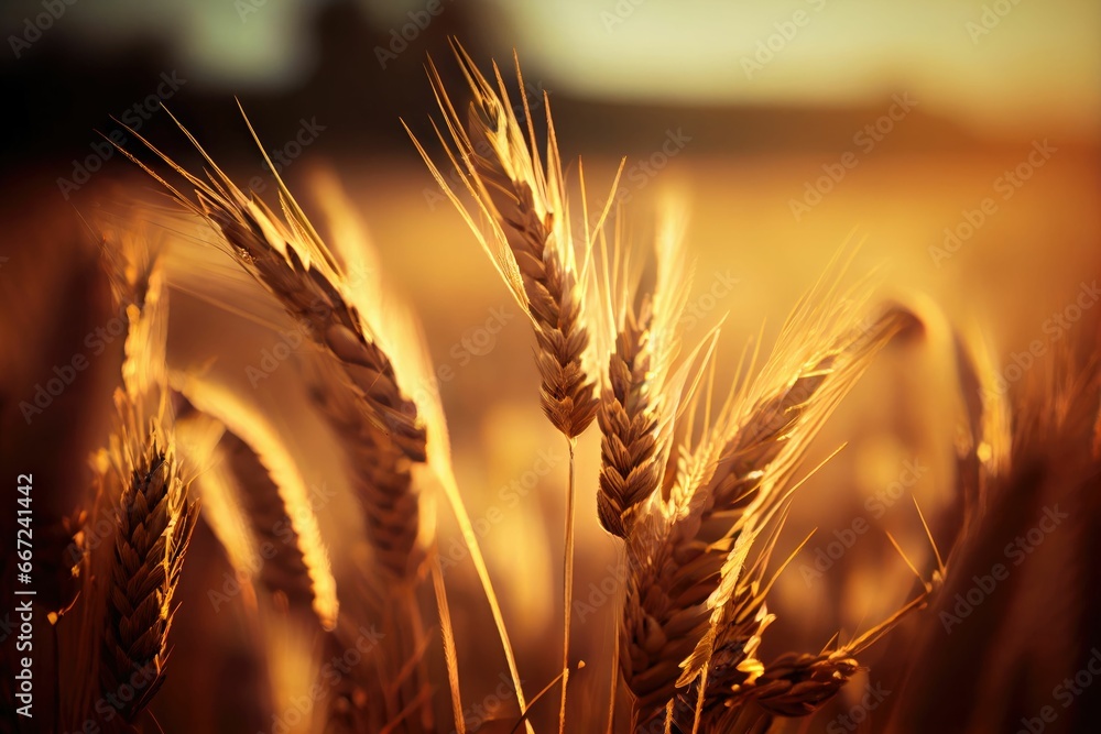 Spikes of ripe wheat in the sun, close-up with soft focus, earwheats wallpaper background Spikes of ripe wheat in the sun, close-up with soft focus, earwheats wallpaper background