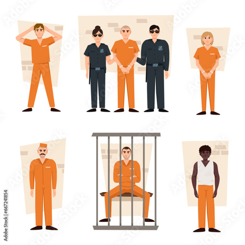 Various scenes from a prison on a white background. Vector illustration in a flat style. Prisoner men and women wearing orange prison uniforms