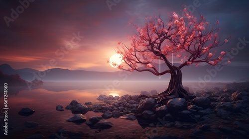 Fantasy landscape with a tree in the water at sunset, 3d render