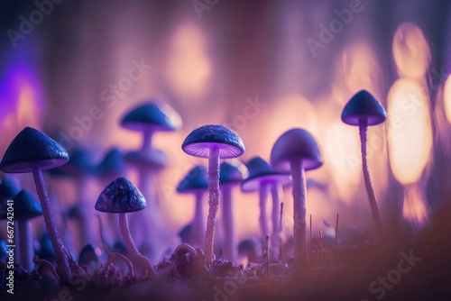 Ethereal pastel purple mushrooms in dreamy abstract blurred natural setting