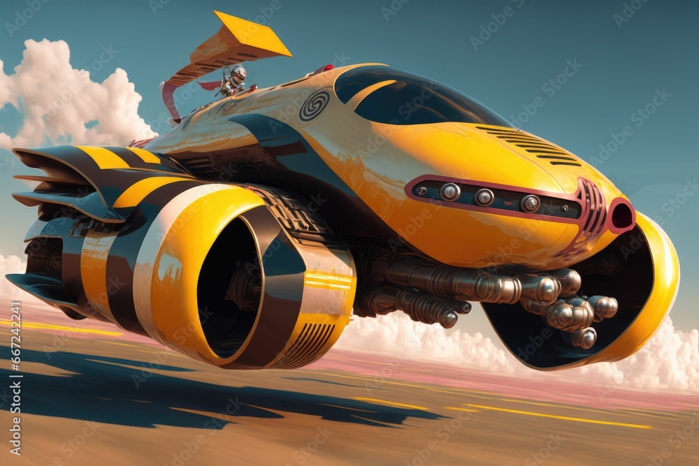 Futuristic desert racing car speeding across arid landscape