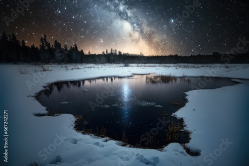 Serene winter night: frozen pond under the starry milky way sky © DNY3D