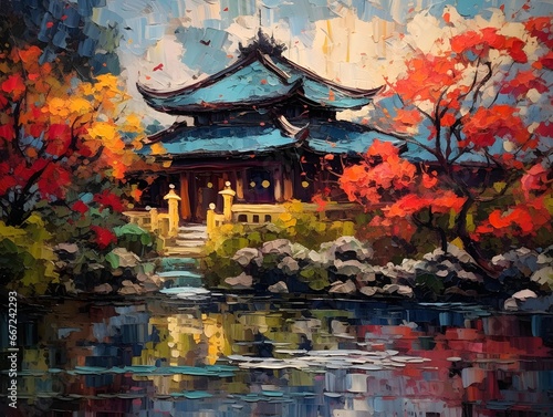 Colorful autumn landscape in Hangzhou, China. Illustration painting
