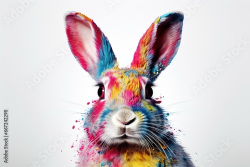 Close-up front view of a multicolored rabbit's face on a white background. Generative AI