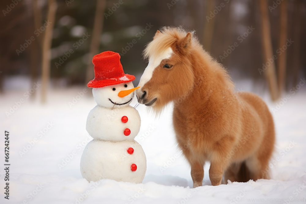 Pony mit Schneeman Pony mit Schneeman